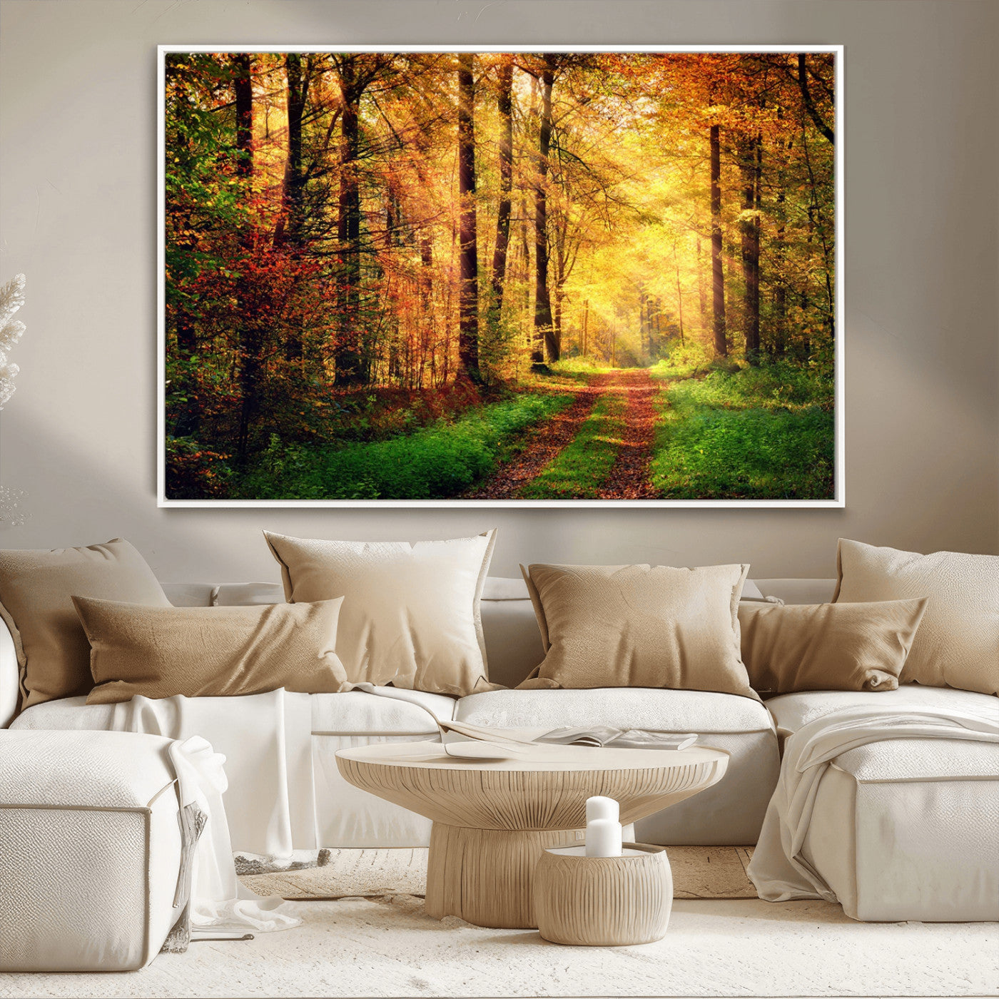 73494-MGV-CV-36X24-Golden Autumn Forest Path Wall Art – Sunlit Woodland Canvas Print, Fall Nature Landscape Home Decor