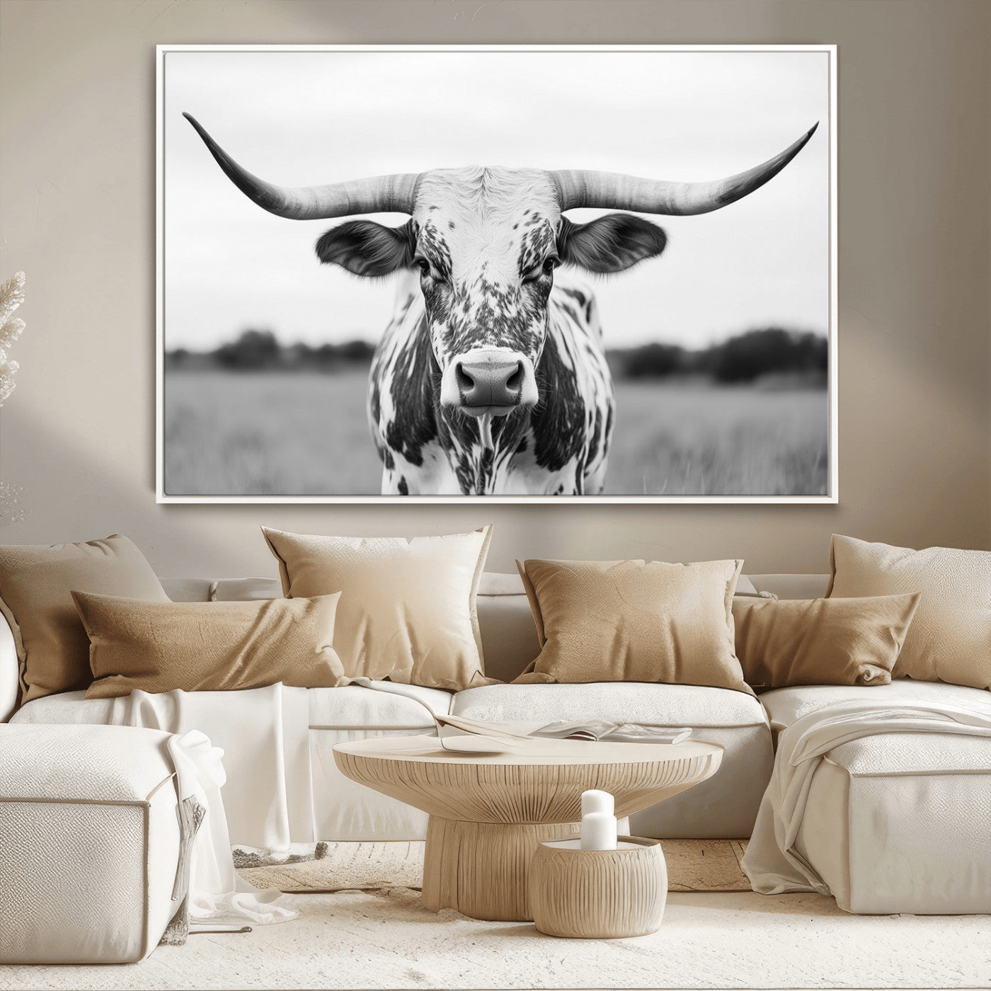 Capture the strength and elegance of nature with this striking black and white portrait of a longhorn cow. Its powerful presence makes a bold statement in any room.