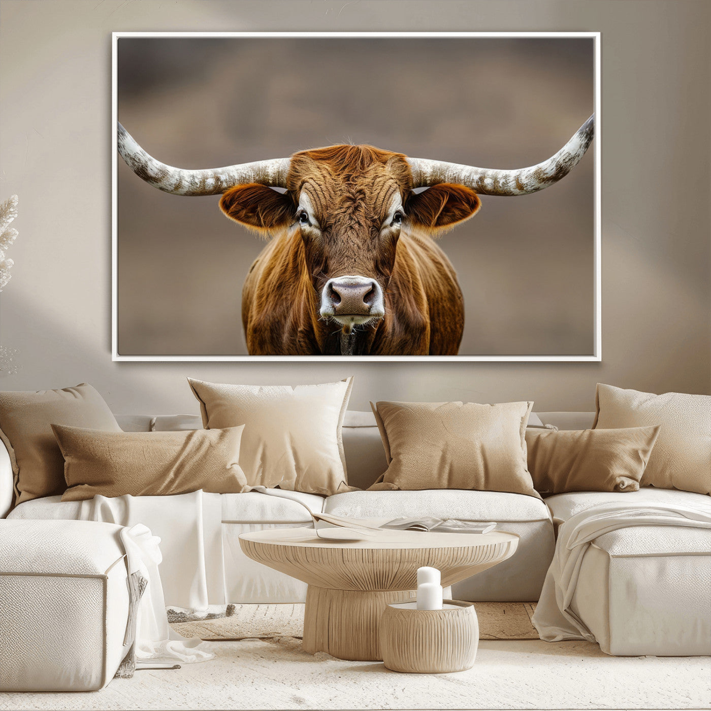 Close-up of a Texas Longhorn with strong curved horns and warm brown tones, perfect for rustic or western-style wall decor.