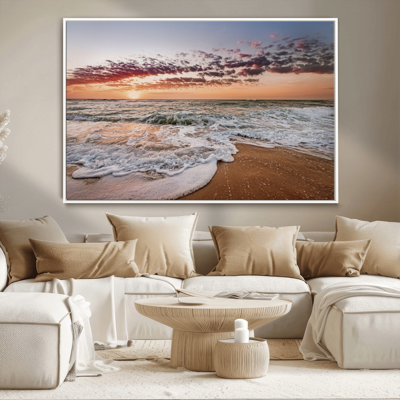 Canvas of a sunset over a foamy ocean shore with warm light and gentle waves, ideal for coastal or beach-themed home decor.