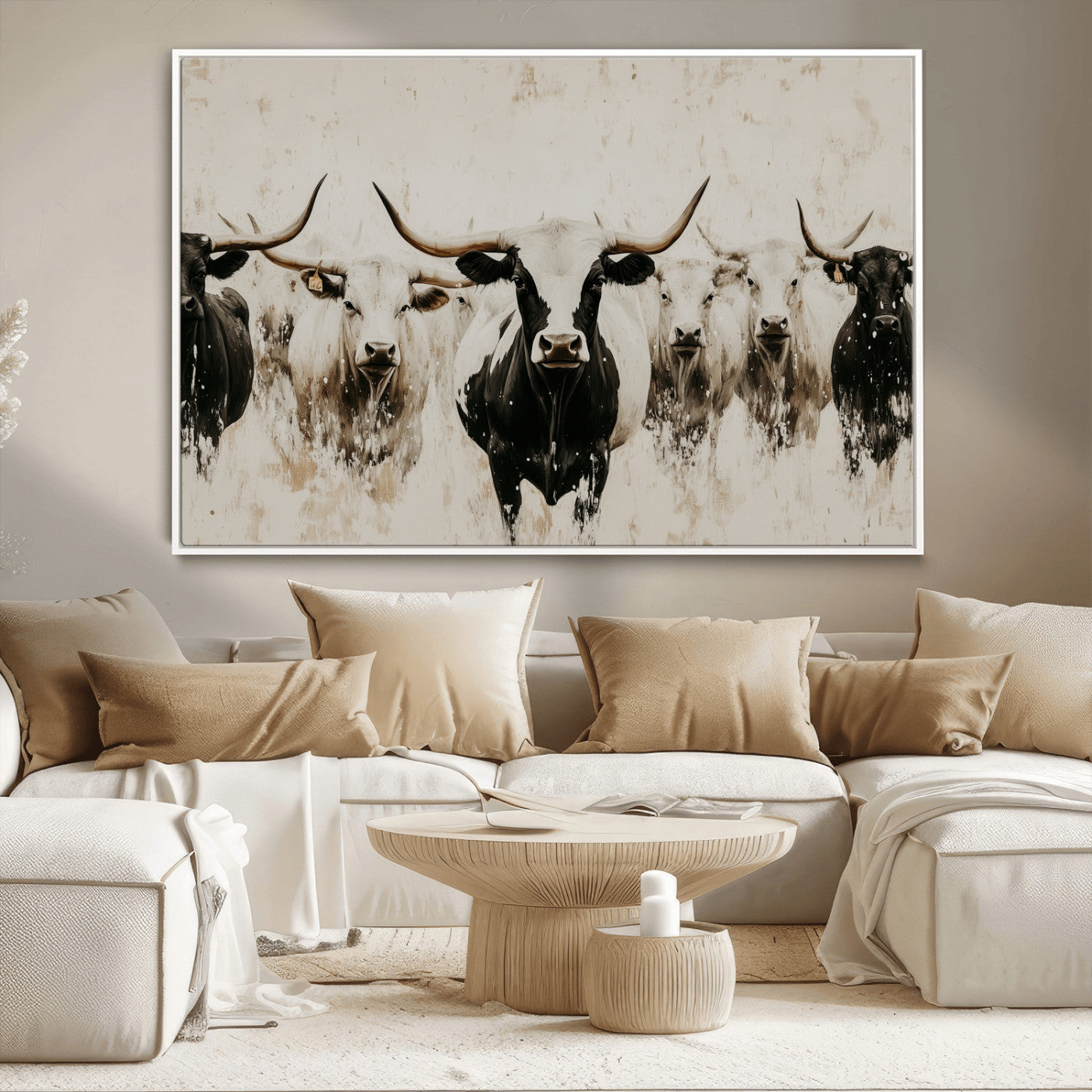 Illustrated herd of longhorn cattle in black and white tones with a neutral textured background, perfect for rustic or farmhouse-style decor.