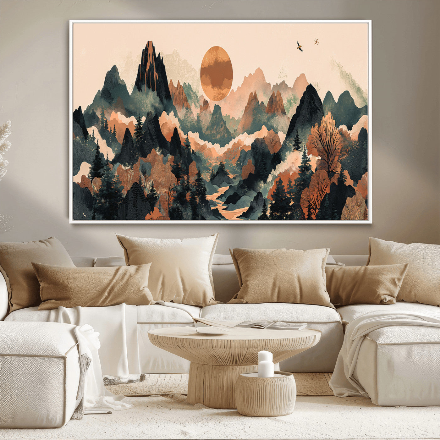 Mountain Landscape Wall Art Print - Sunset Hills Canvas Print, featuring an abstract nature scene with earthy tones and misty peaks, perfect for boho and modern decor.