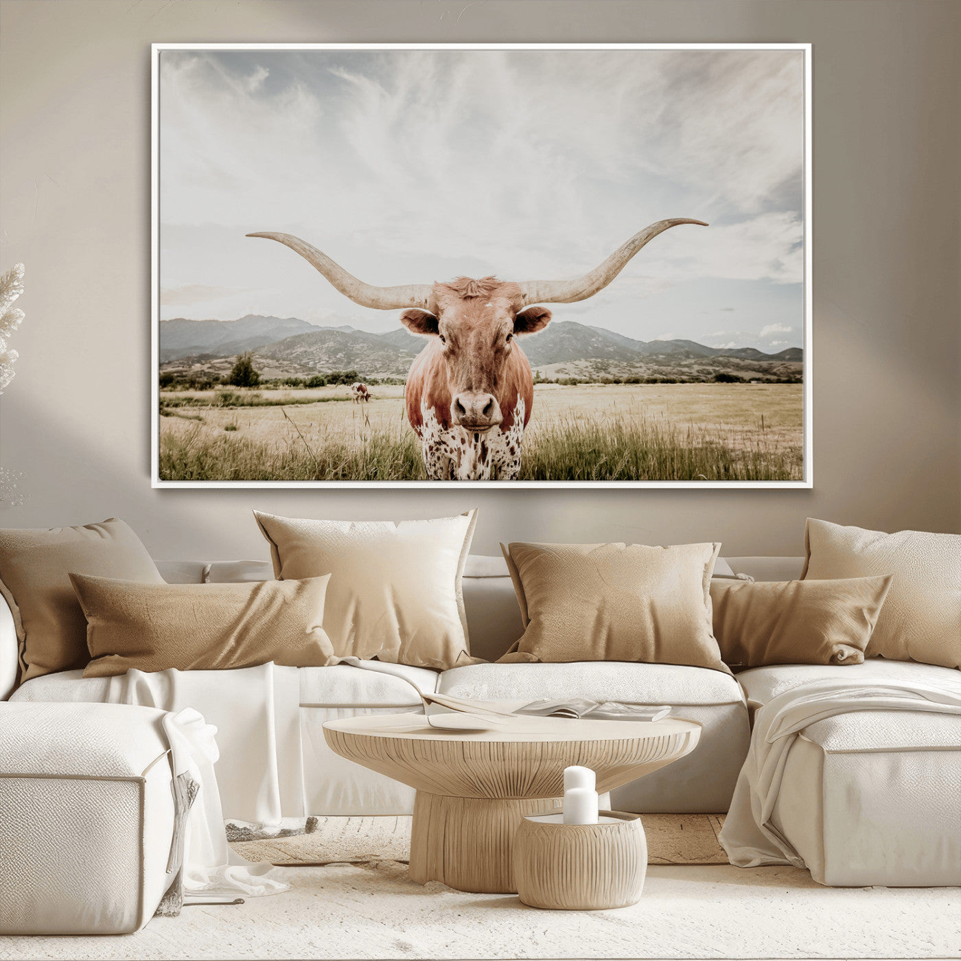 Longhorn Wall Art Print - Western Cow Canvas Print, featuring a majestic Texas longhorn in a rustic prairie setting, perfect for farmhouse and western decor.