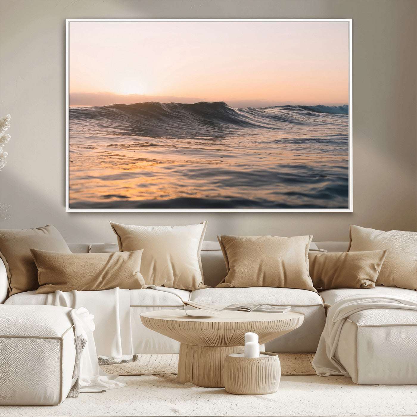 Framed canvas of ocean waves glowing in sunset light, ideal for golden hour calm or peaceful coastal-inspired wall decor.