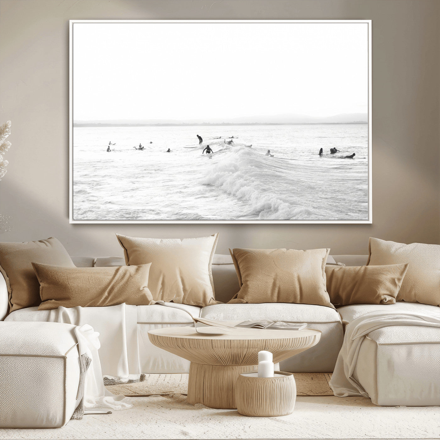 Monochrome photo of surfers riding and waiting on ocean waves, ideal for surf-themed or coastal energy wall decor.