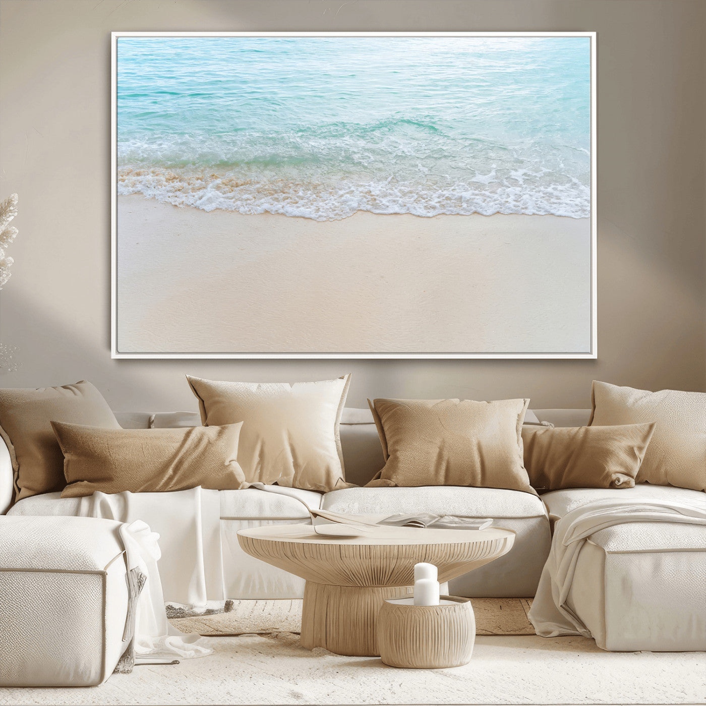 Soft shoreline with gentle aqua waves on smooth sand, ideal for minimalist coastal or pastel ocean-inspired home wall decor.