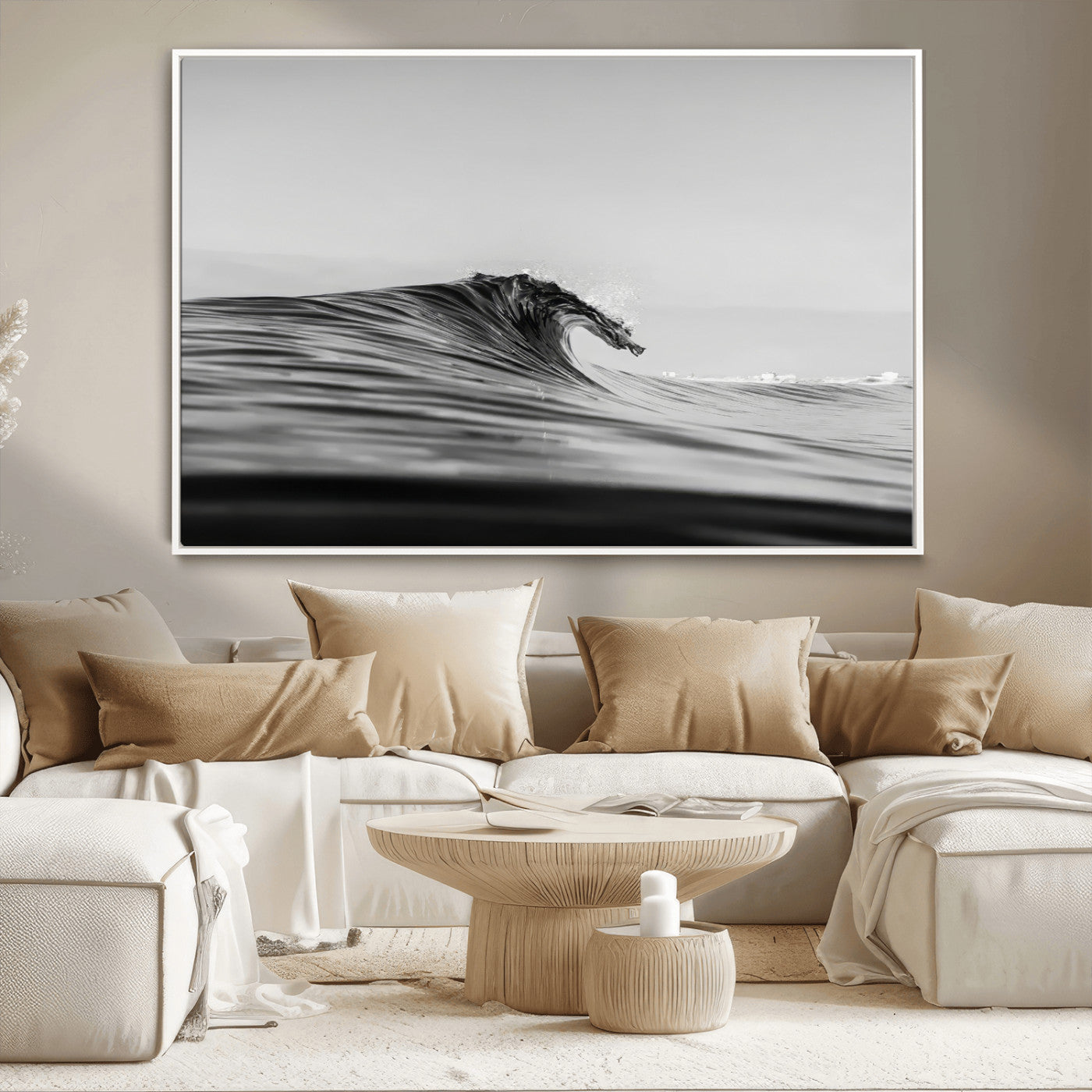 Striking black and white photo of a curling wave, ideal for modern coastal or minimalist wall decor settings.