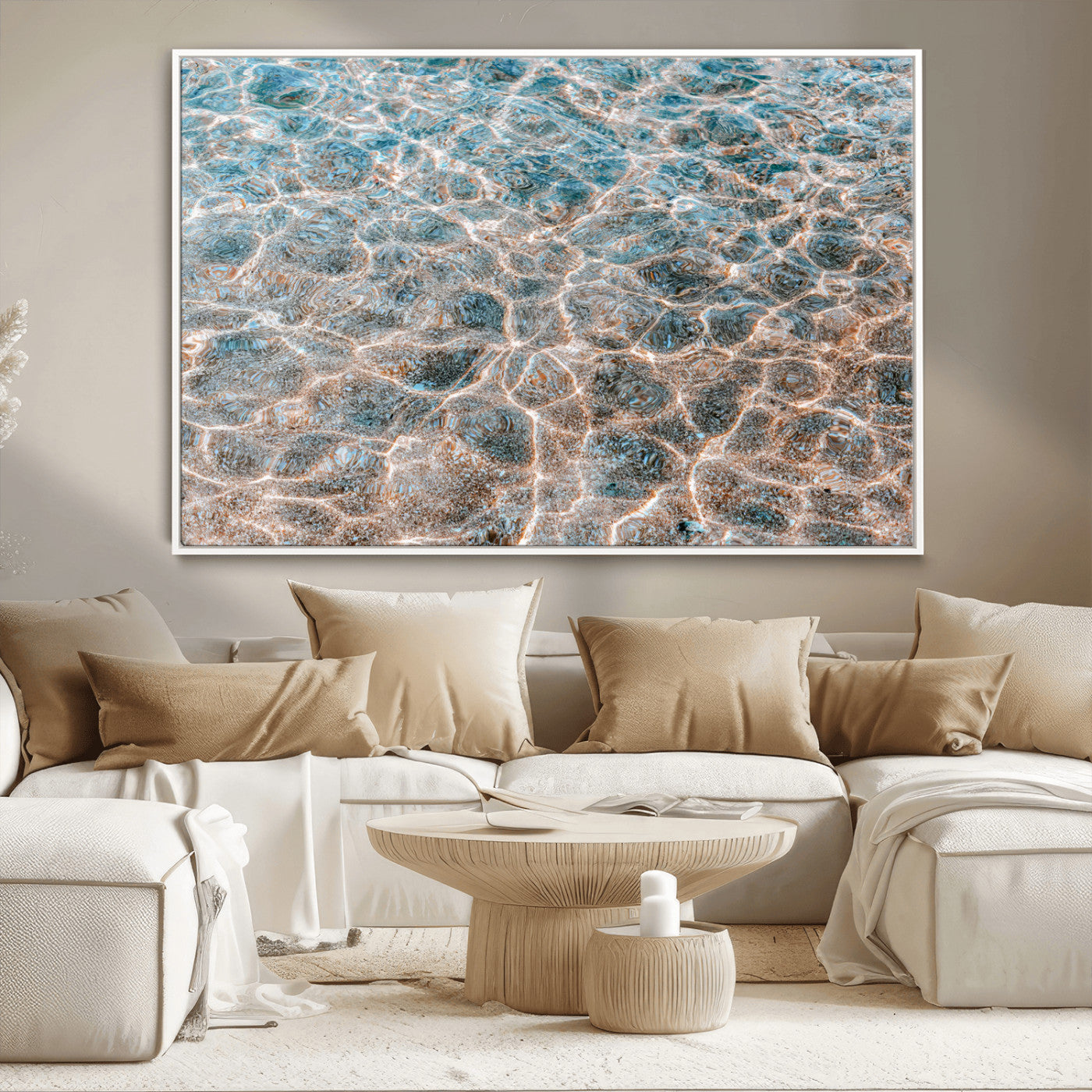 Close-up of sunlit ocean ripples with aqua blue and golden tones, ideal for modern coastal or minimalist home decor.