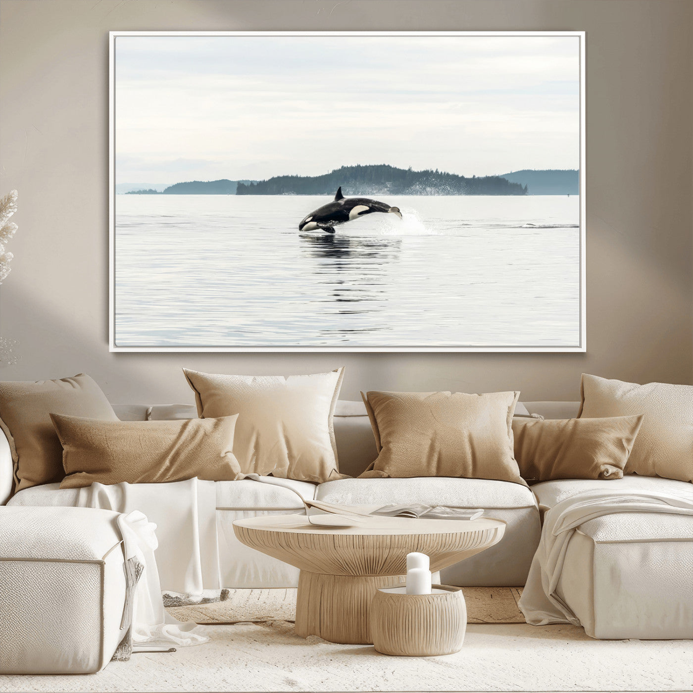 An orca jumping out of calm ocean waters with a misty island in the background, creating a serene and minimalist marine wildlife scene.