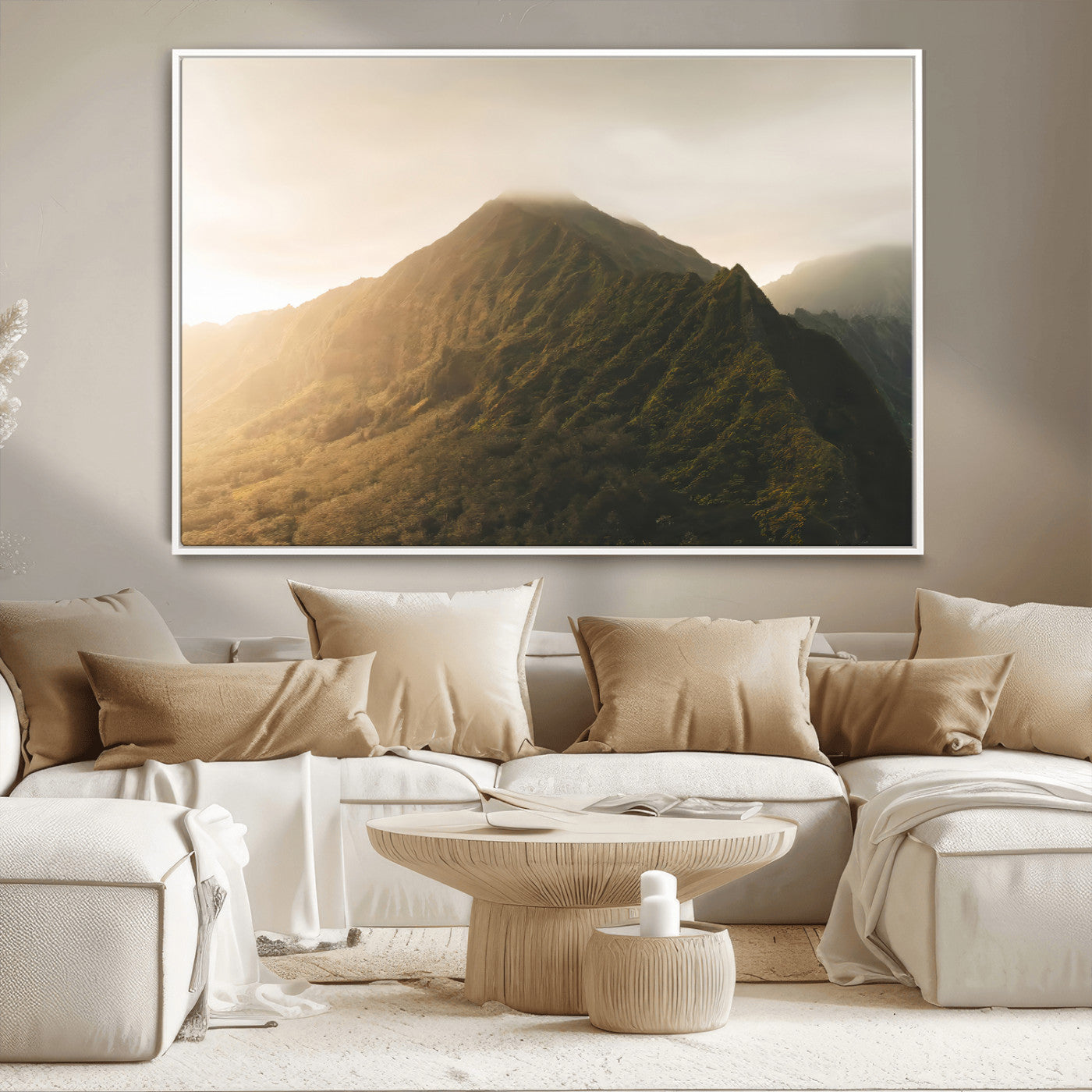Sunlit mountain peak with mist rolling over its rugged slopes, bathed in golden light, creating a warm and tranquil nature-inspired scene.