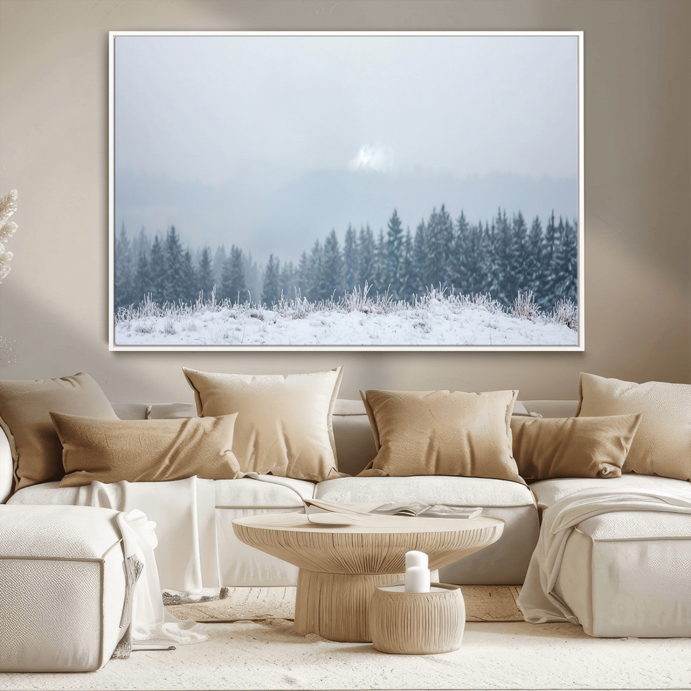 Snow-covered forest under misty sky, soft light breaking through clouds, ideal for minimalist or Nordic-inspired home decor.
