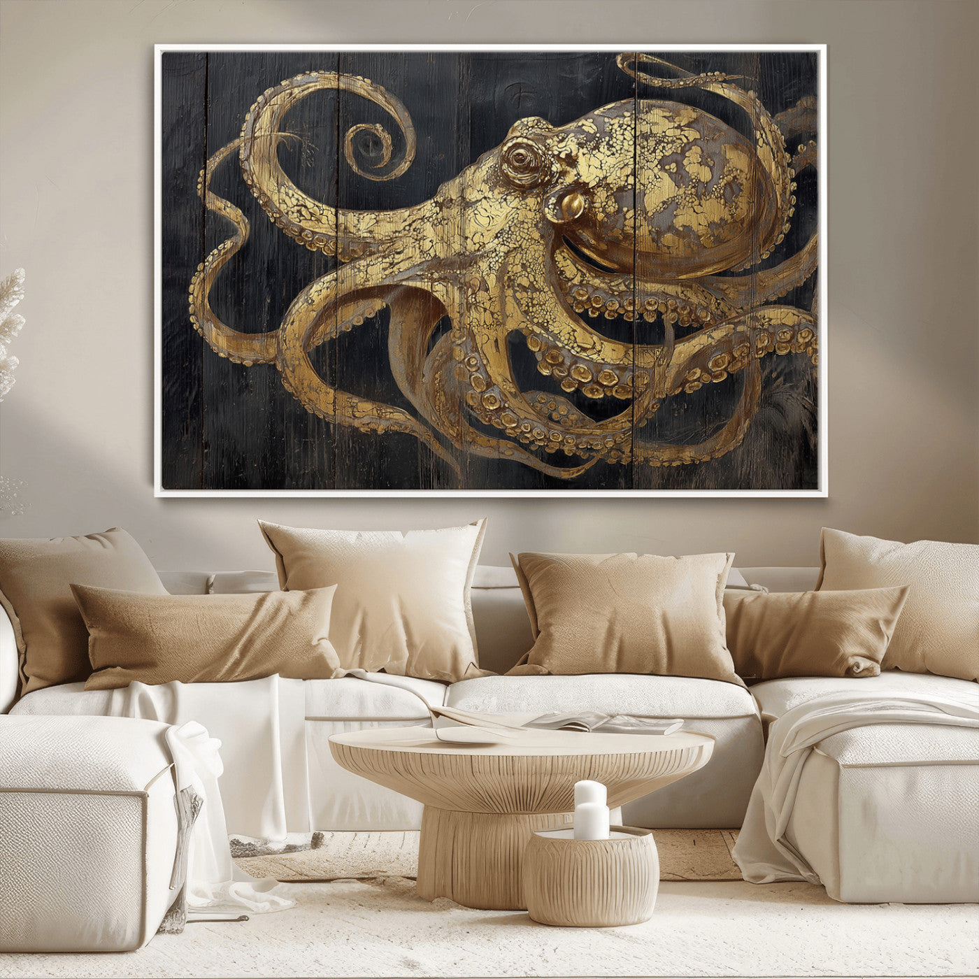 A detailed gold illustration of an octopus on black wooden planks, showing its intricate tentacles and textured skin in an artistic style.