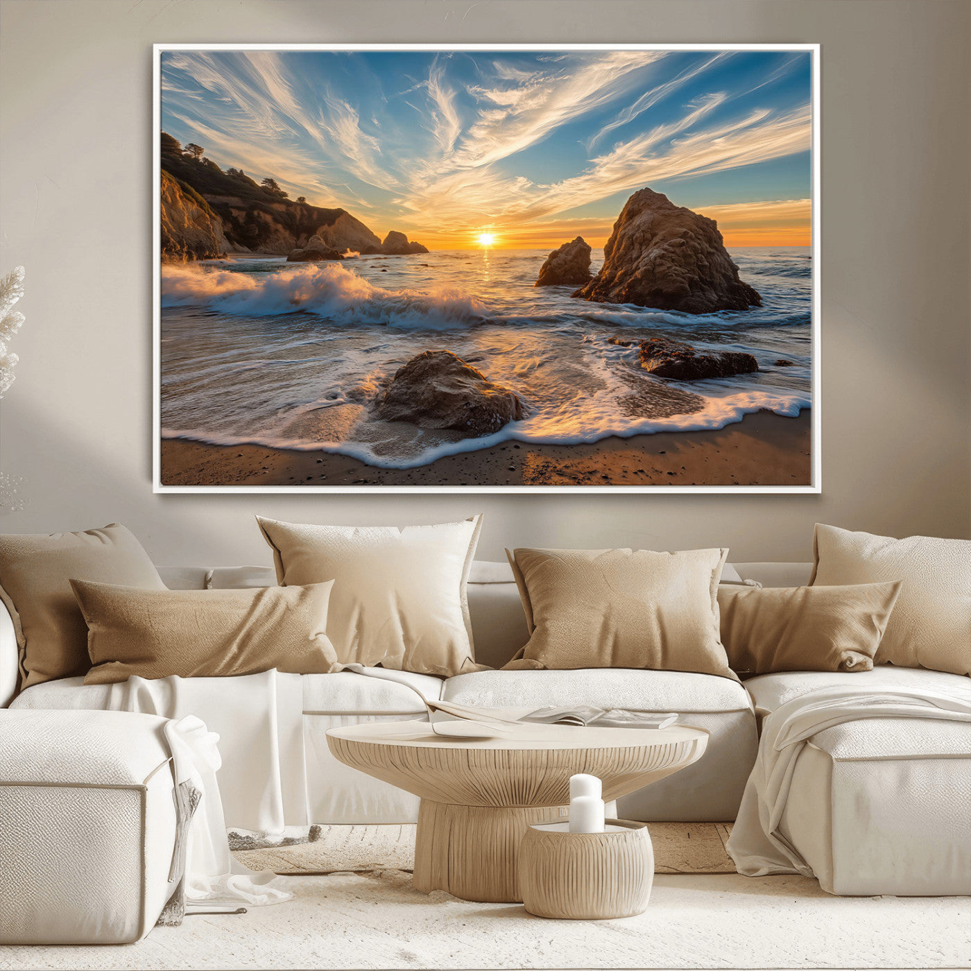 Rocky Ocean Sunset Wall Art Print, Seaside Canvas Wall Art, Dramatic Seascape Canvas Print for Coastal Modern Decor, Ocean Sunset Art Printing