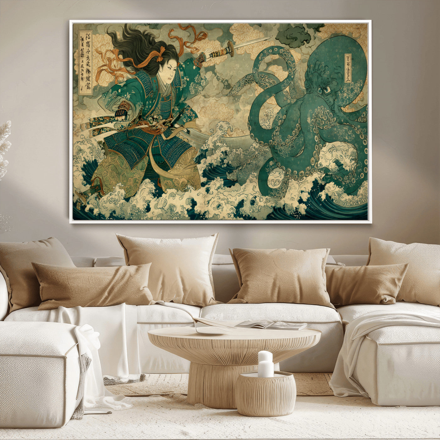 Tsukioka Yoshitoshi Samurai Wall Art Print, Japanese Katana Warrior Canvas Wall Art, Octopus Sea Monster Canvas Print,