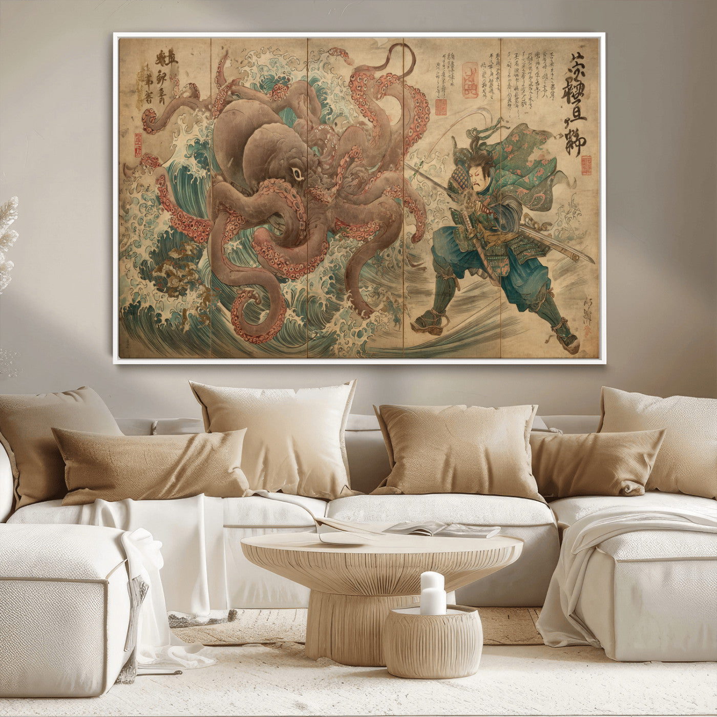 Tsukioka Yoshitoshi Samurai Wall Art Print, Japanese Katana Warrior Canvas Wall Art, Octopus Sea Monster Canvas Print,