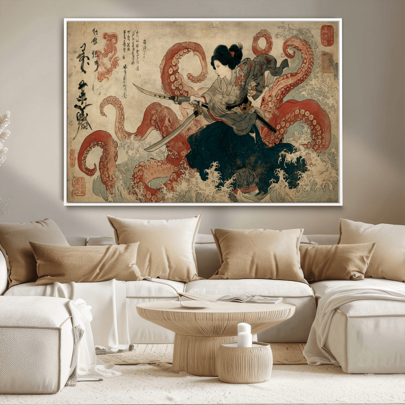 Tsukioka Yoshitoshi Samurai Wall Art Print, Japanese Katana Warrior Canvas Wall Art, Octopus Sea Monster Canvas Print,