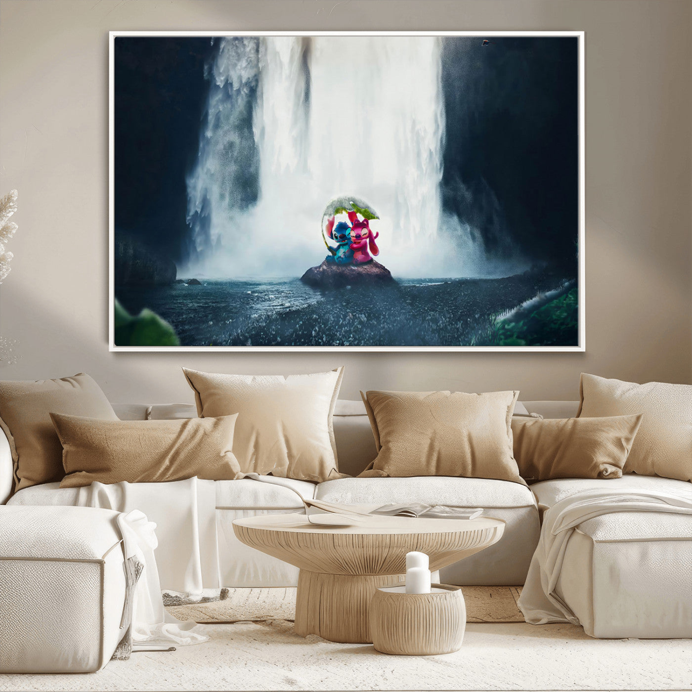 Fantasy canvas of Stitch and Angel under a leaf umbrella in front of a dramatic waterfall, perfect for moody jungle-themed or animated decor.