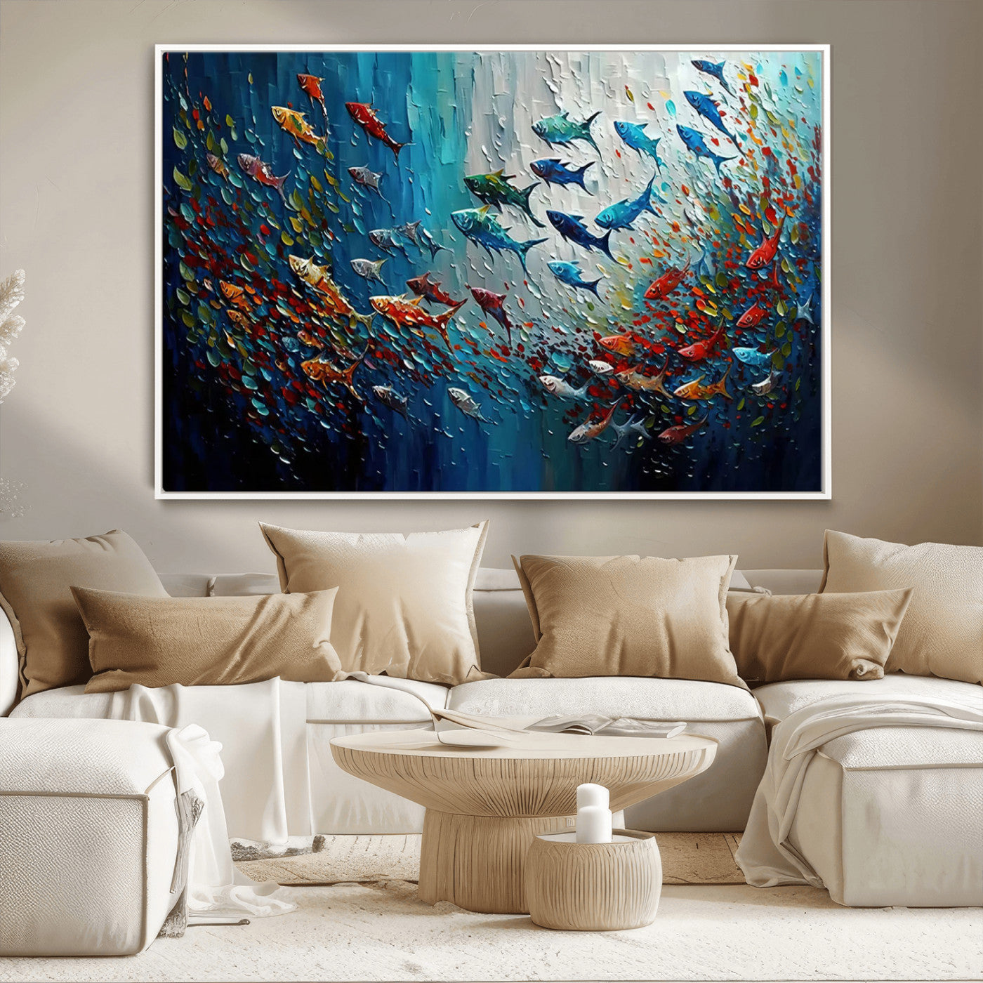 Colorful painting of fish swimming in abstract ocean swirls, perfect for vibrant marine-themed or expressive coastal home decor.