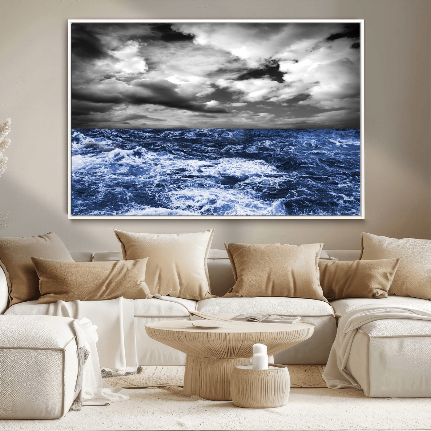 Moody canvas wall art of a stormy ocean under a dramatic black-and-white sky, perfect for bold or coastal-style interiors.