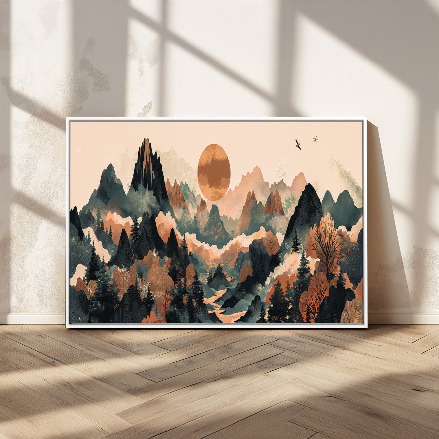 Mountain Landscape Wall Art Print - Sunset Hills Canvas Print, featuring an abstract nature scene with earthy tones and misty peaks, perfect for boho and modern decor.
