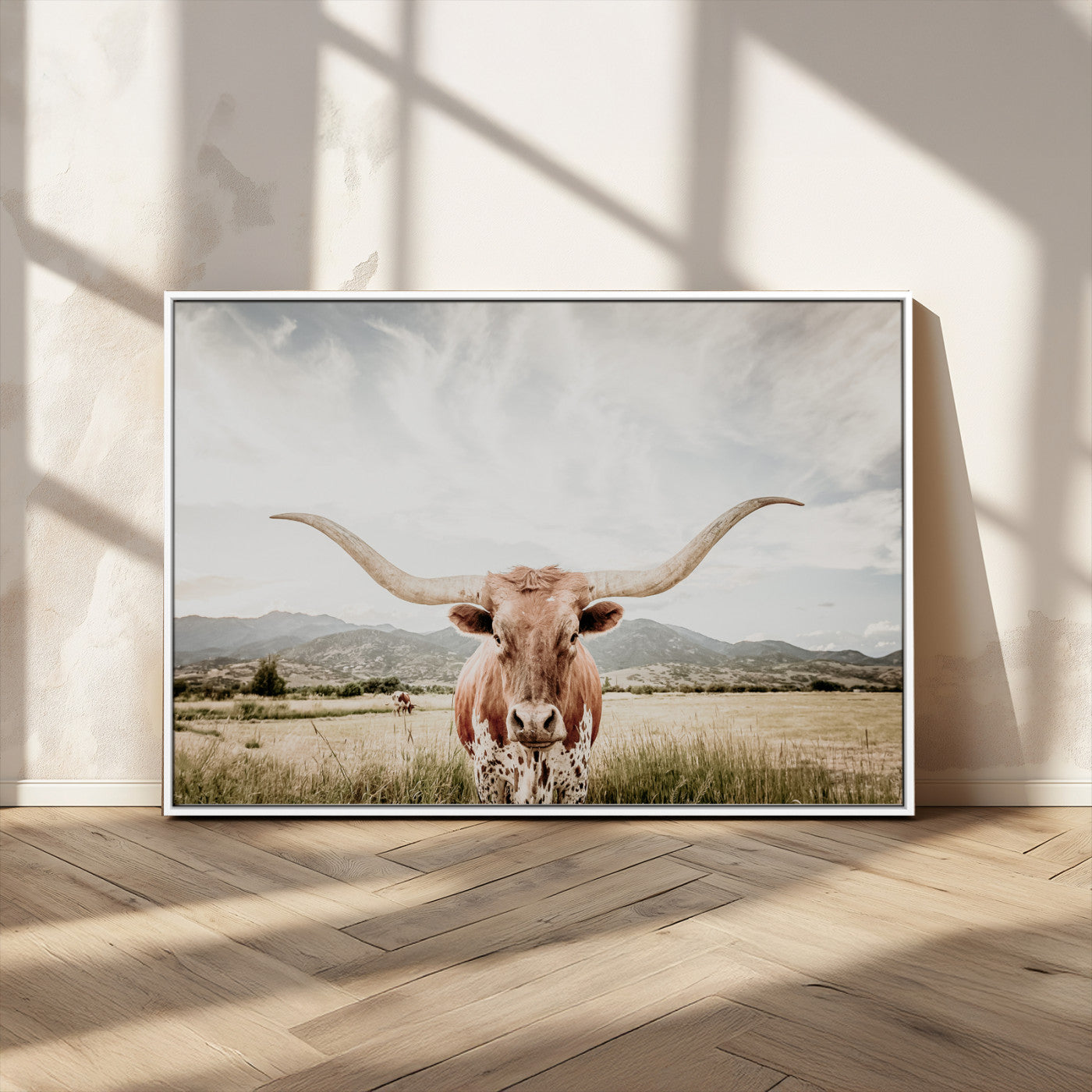 Longhorn Wall Art Print - Western Cow Canvas Print, featuring a majestic Texas longhorn in a rustic prairie setting, perfect for farmhouse and western decor.
