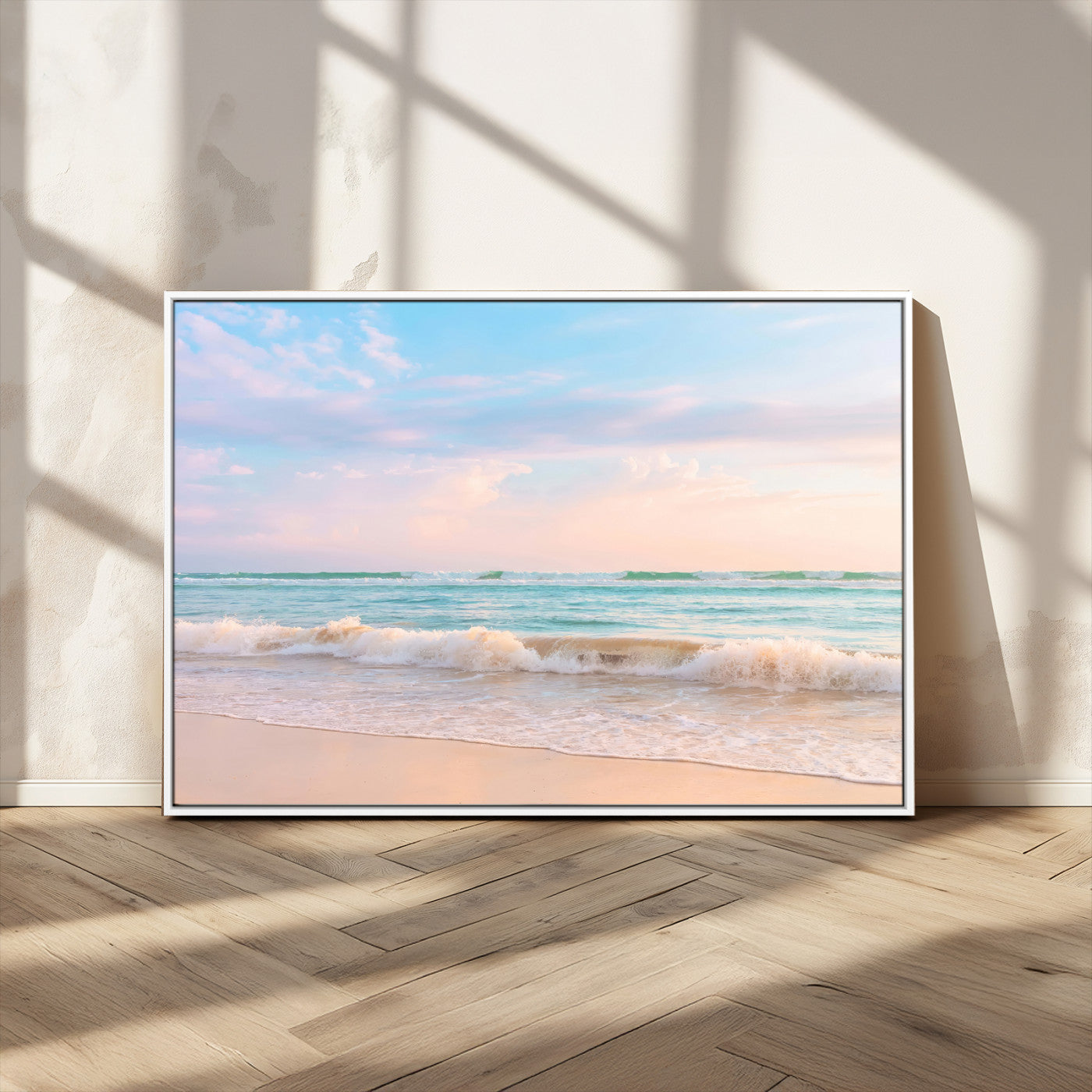 Pastel-toned ocean waves under soft sunset skies, ideal for pastel coastal or serene beach-style home decor.