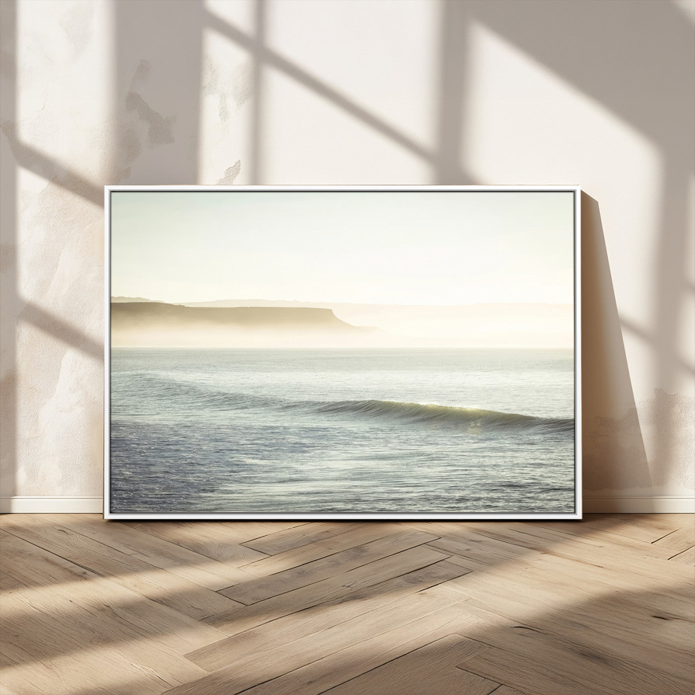 Canvas of a misty ocean scene with coastal cliffs and soft neutral tones, ideal for Scandinavian coastal or minimalist nature-inspired home decor.