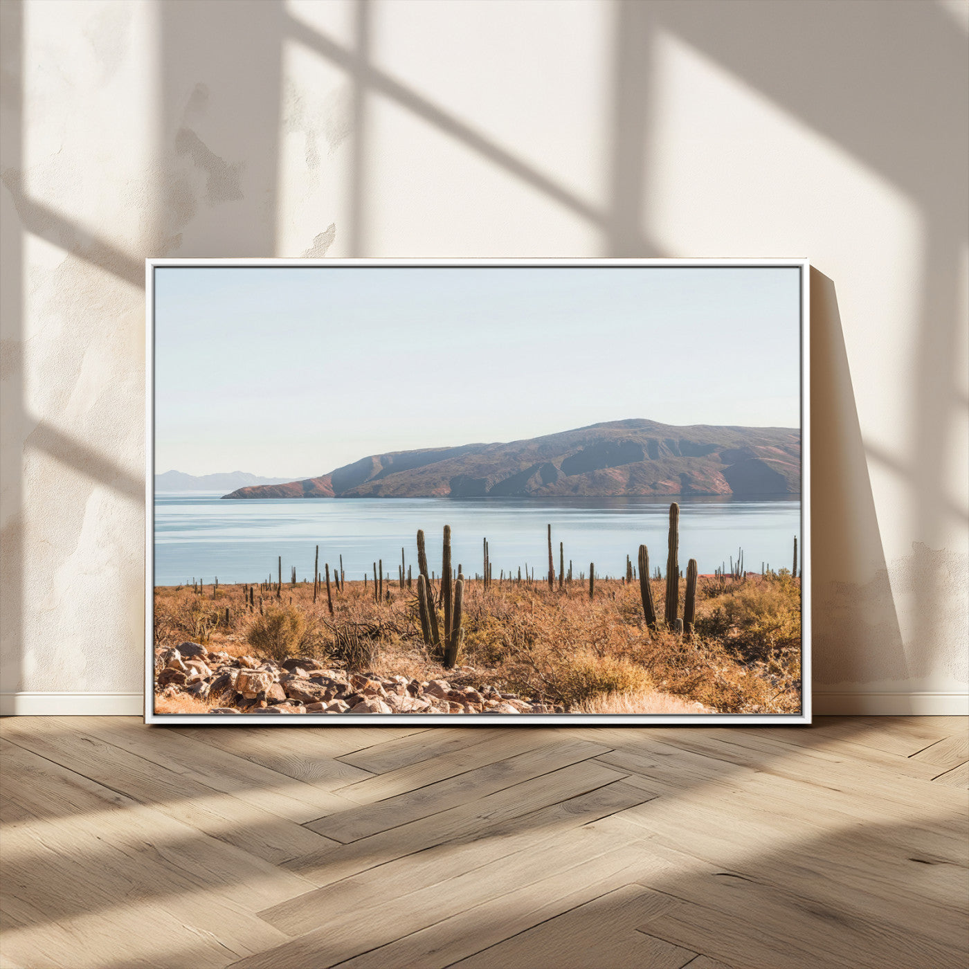 Warm desert landscape with cacti and coastal mountains, perfect for southwestern or earthy calm-themed home wall decor.