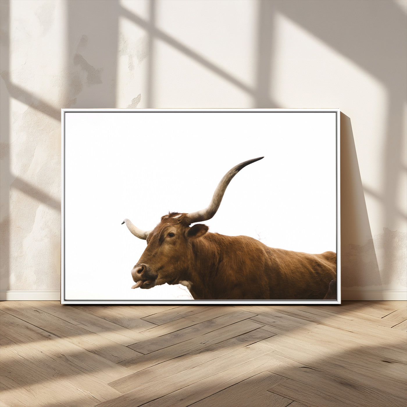 Minimal photo of a longhorn cow with white background, ideal for rustic, western or farmhouse-style interior decor.