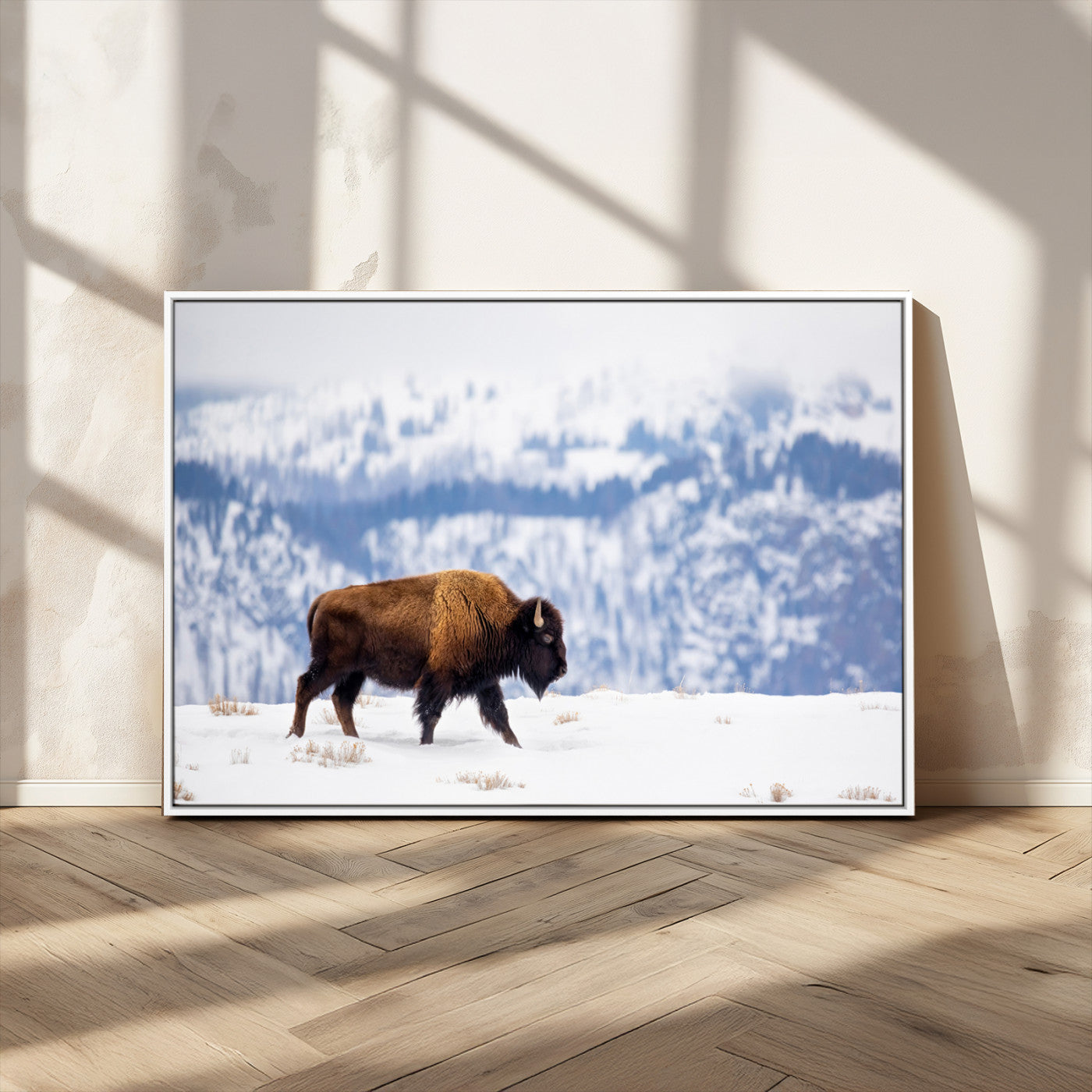 A lone bison walks across snowy ground with blue-toned mountain range behind, ideal for rustic or western farmhouse interiors.