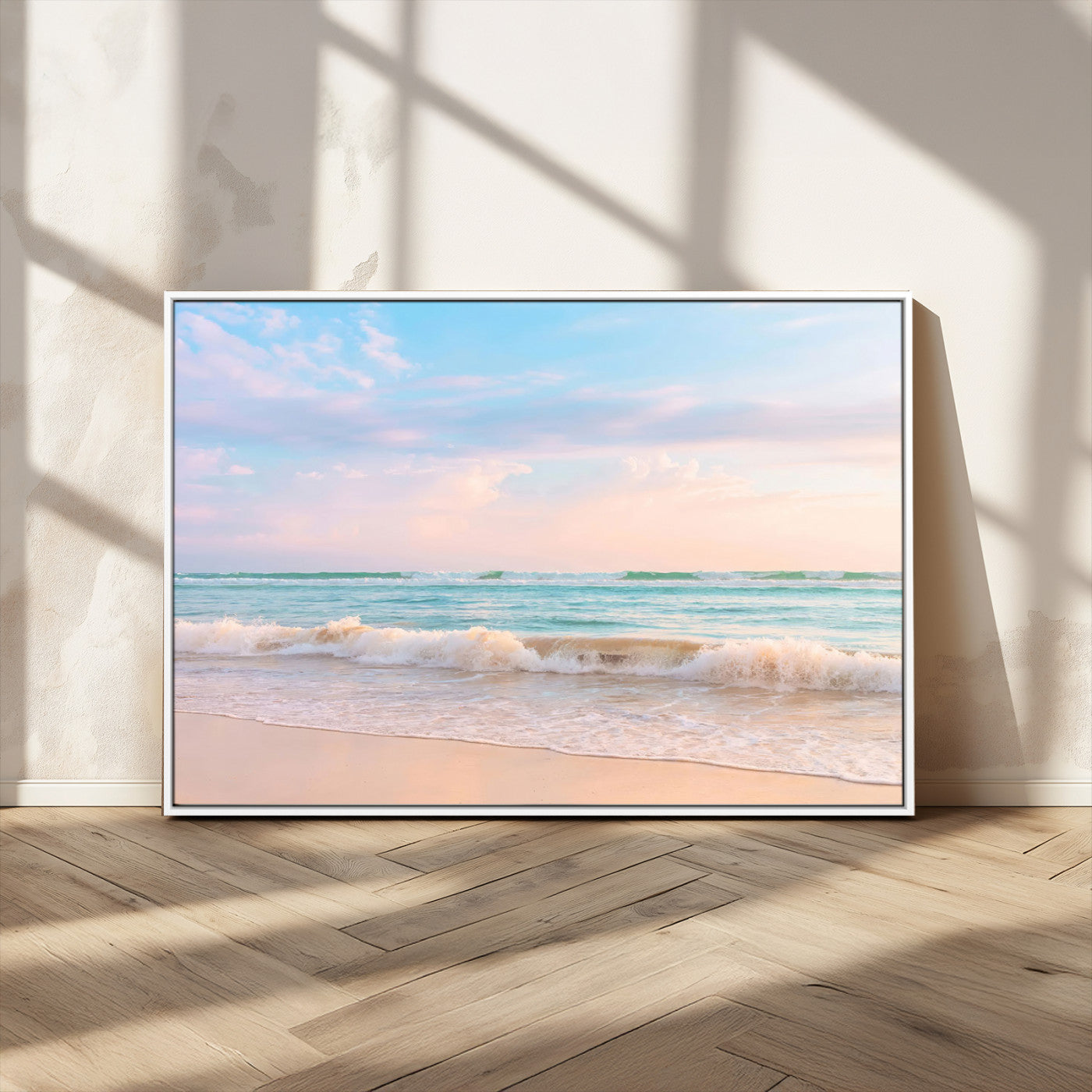A peaceful beach scene with soft pastel skies, gentle waves washing up on the sandy shore, creating a calm and serene ocean view.