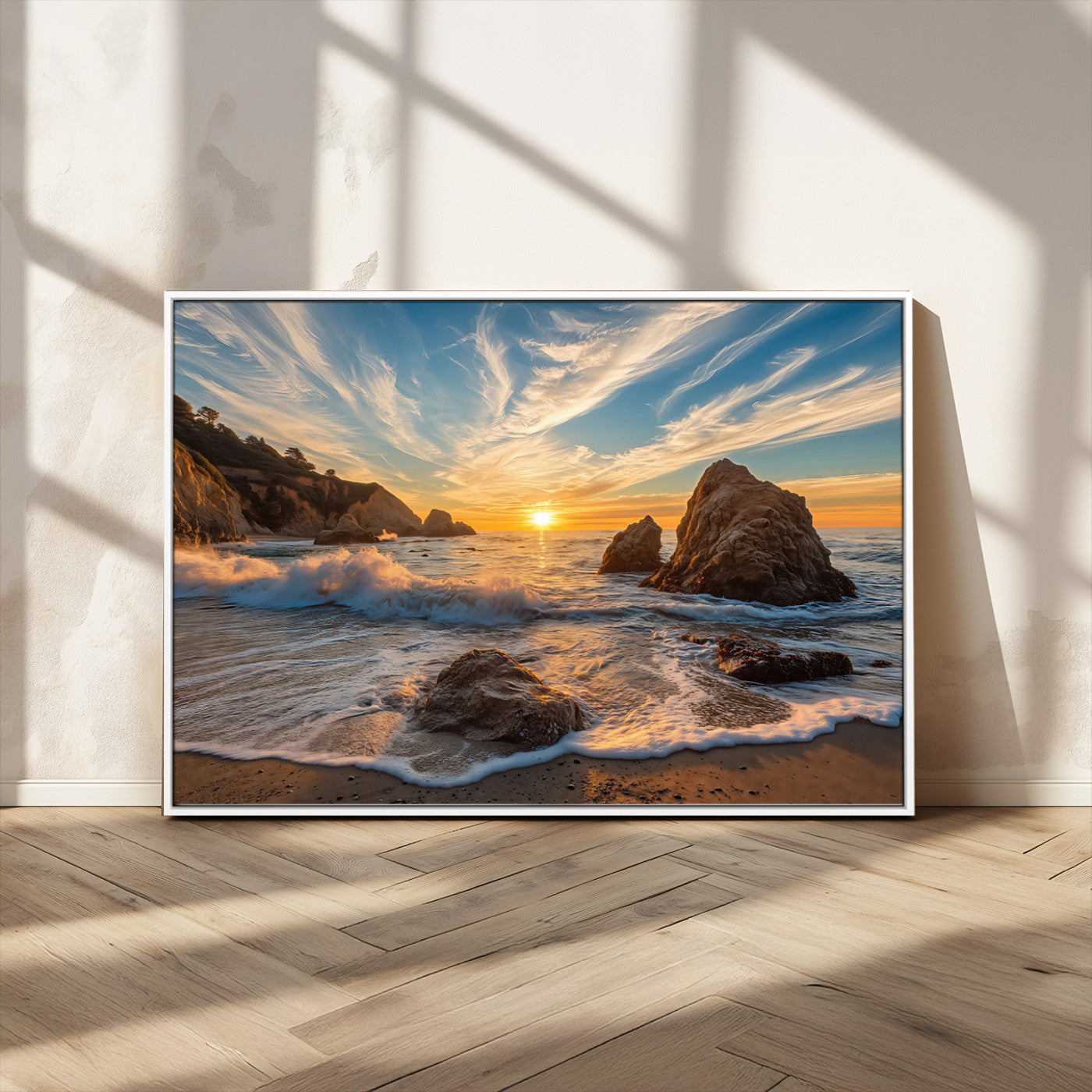 Rocky Ocean Sunset Wall Art Print, Seaside Canvas Wall Art, Dramatic Seascape Canvas Print for Coastal Modern Decor, Ocean Sunset Art Printing