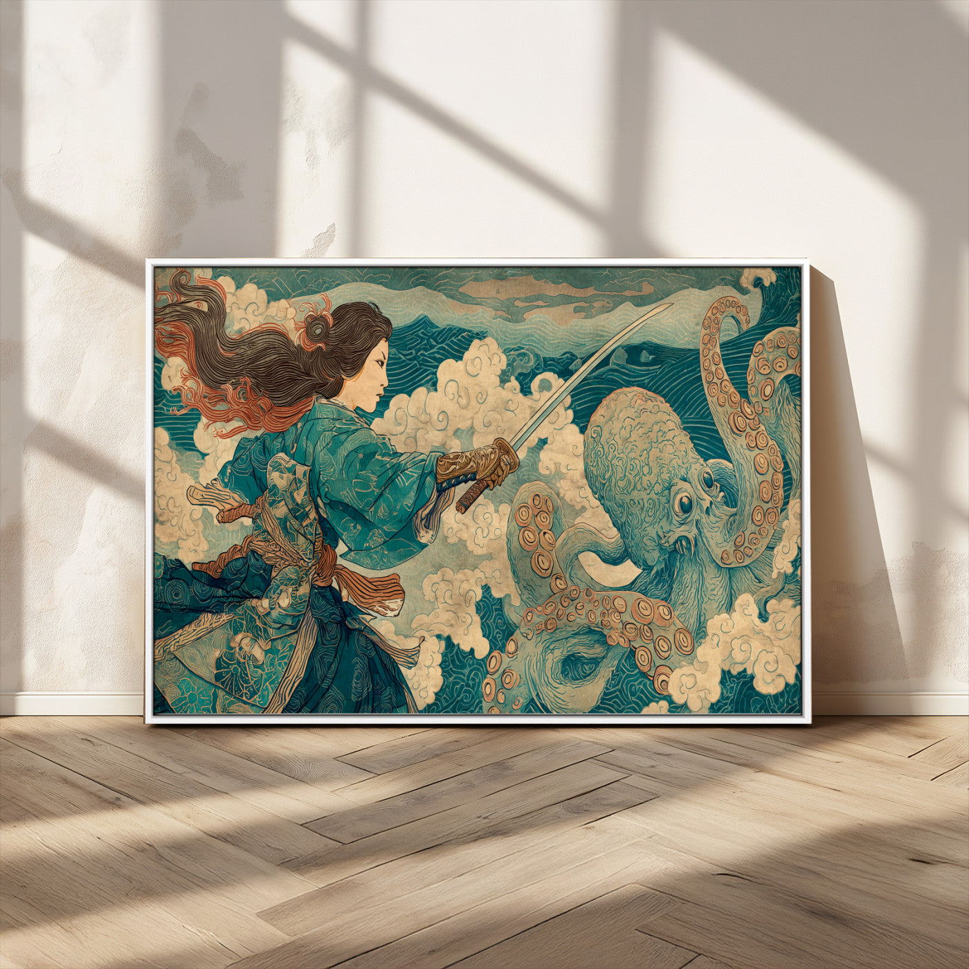 Tsukioka Yoshitoshi Samurai Wall Art Print, Japanese Katana Warrior Canvas Wall Art, Octopus Sea Monster Canvas Print,