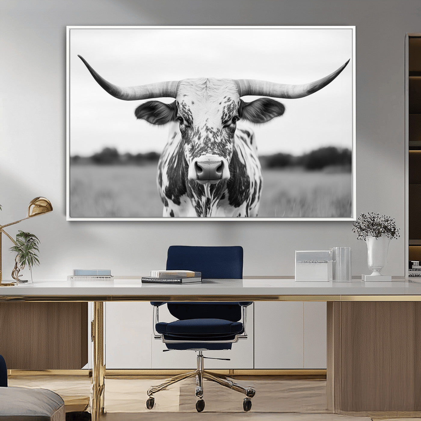 Capture the strength and elegance of nature with this striking black and white portrait of a longhorn cow. Its powerful presence makes a bold statement in any room.