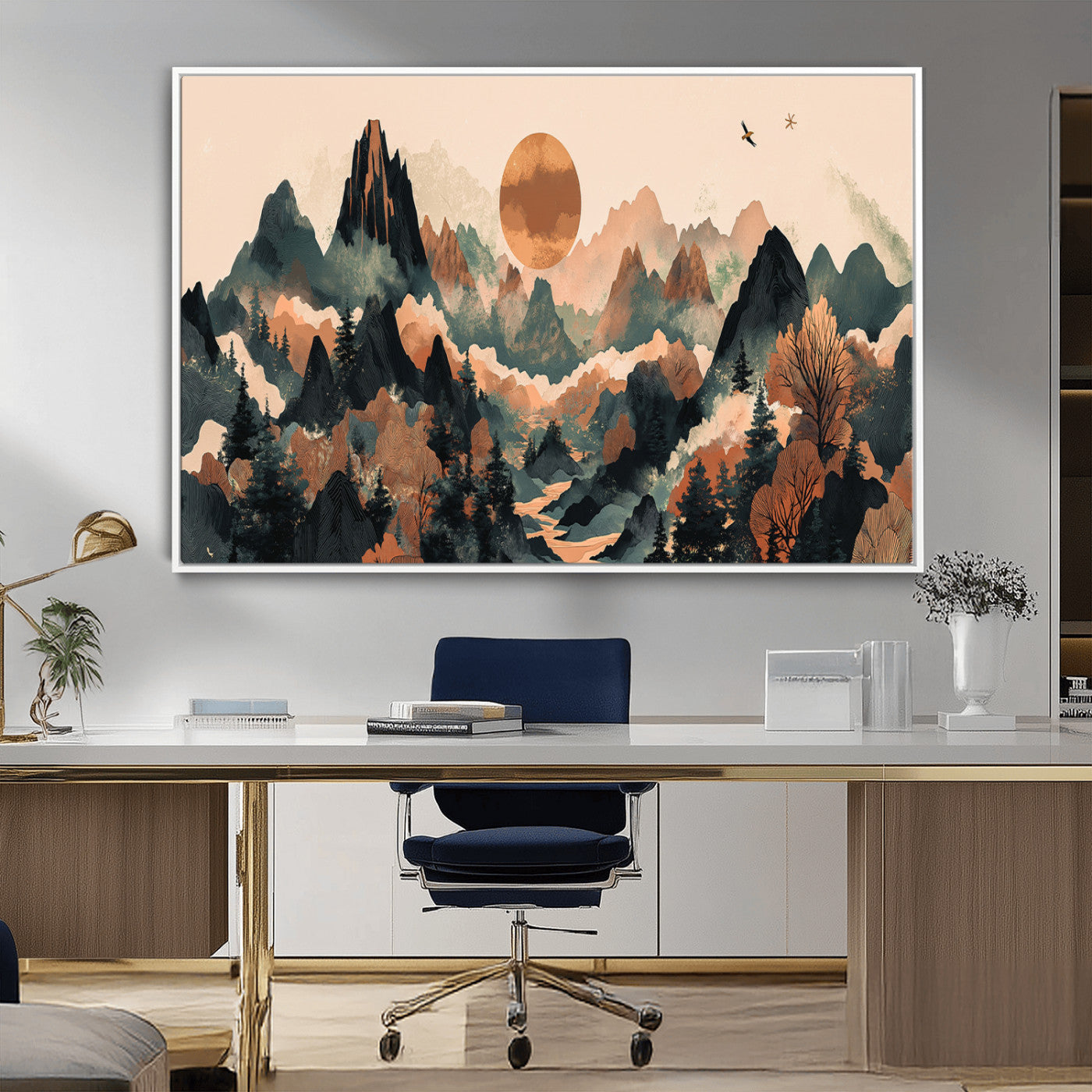 Mountain Landscape Wall Art Print - Sunset Hills Canvas Print, featuring an abstract nature scene with earthy tones and misty peaks, perfect for boho and modern decor.