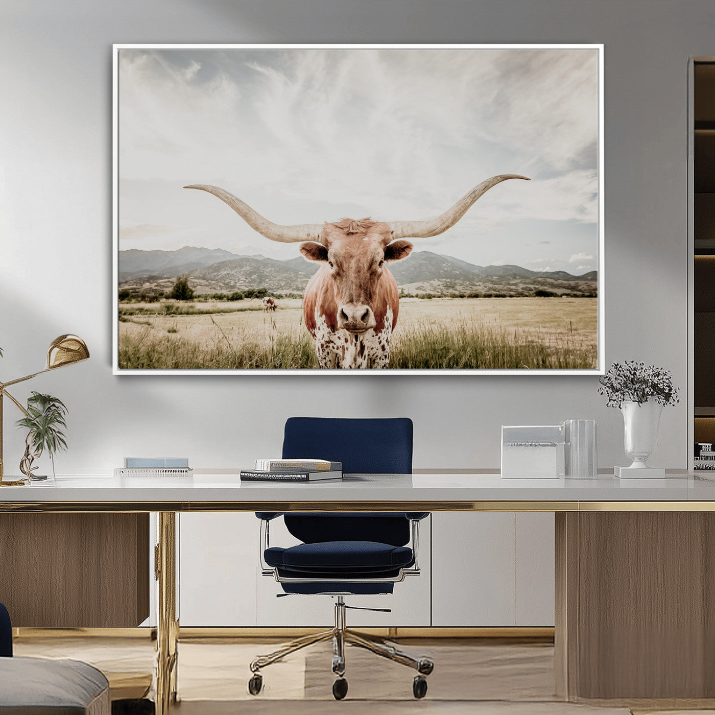 Longhorn Wall Art Print - Western Cow Canvas Print, featuring a majestic Texas longhorn in a rustic prairie setting, perfect for farmhouse and western decor.