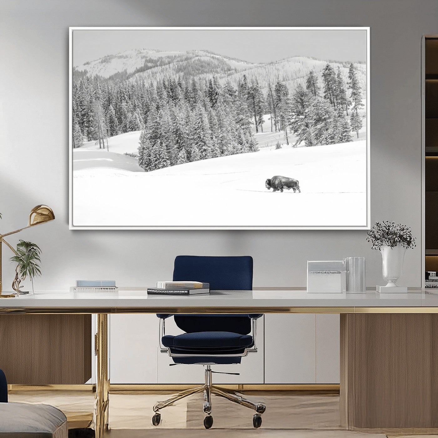 Snowy bison walking through white forest landscape, ideal for monochrome winter or wilderness-style interior wall decoration.