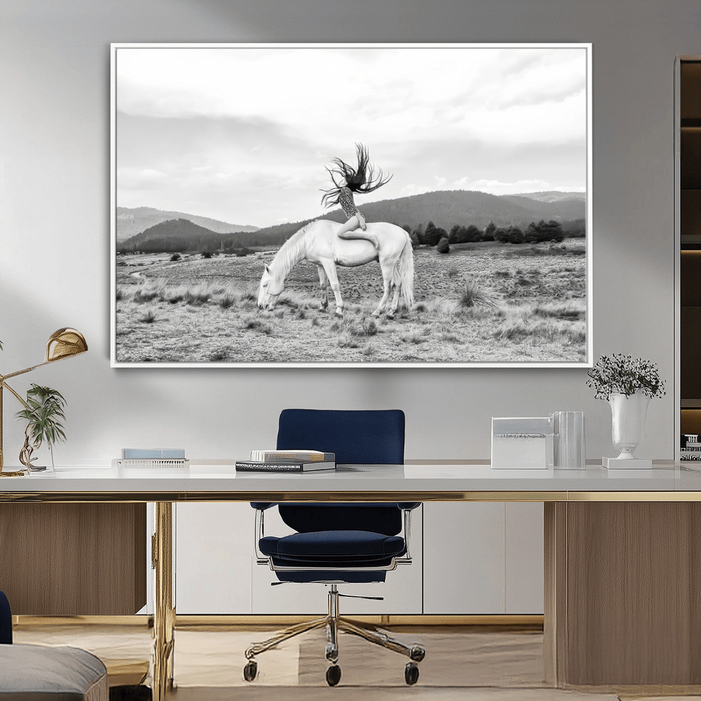Black and white photo of a woman on a white horse in moody tones, ideal for Western Boho or modern rustic-style home decor.