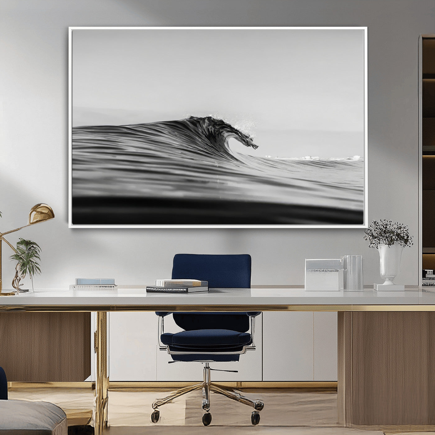 Striking black and white photo of a curling wave, ideal for modern coastal or minimalist wall decor settings.