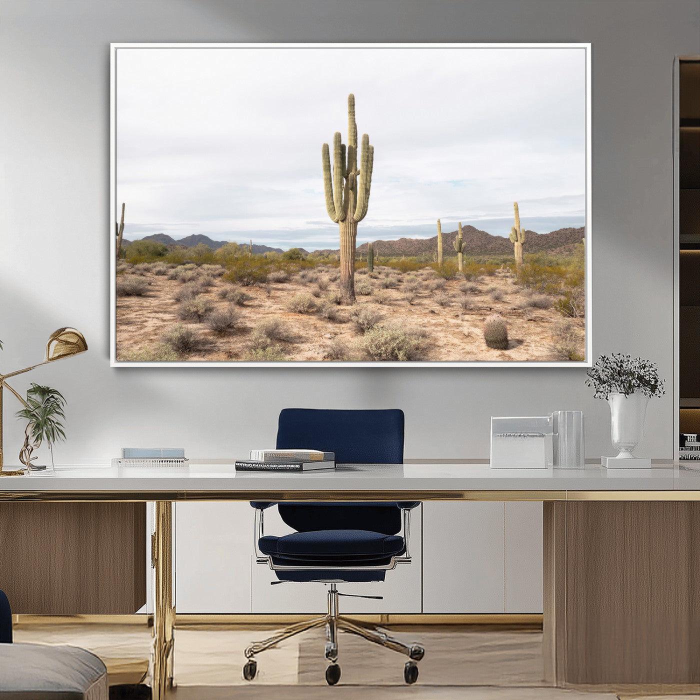 Canvas of a saguaro cactus in an earthy Sonoran desert landscape, ideal for Southwestern Boho or desert minimalism inspired home decor. 2/2