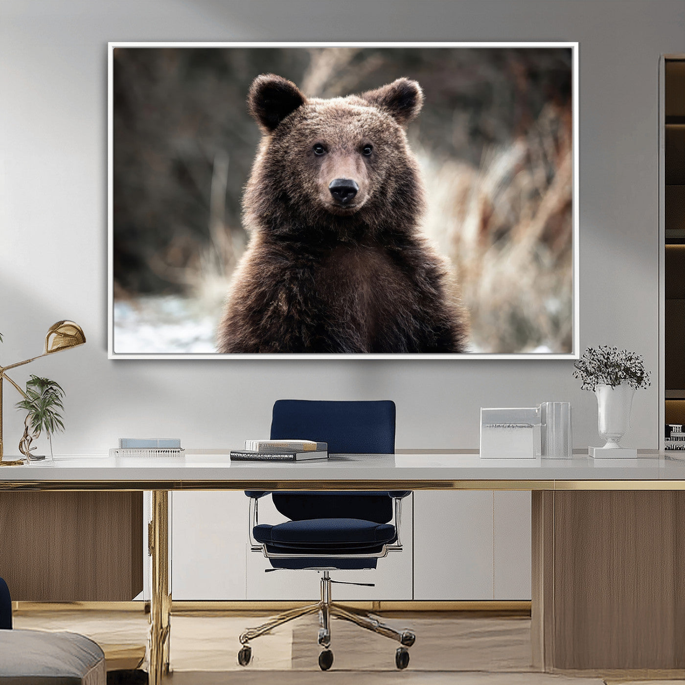Canvas of a brown bear in soft earthy tones and moody forest light, ideal for rustic cabin or woodland nature-themed home decor.