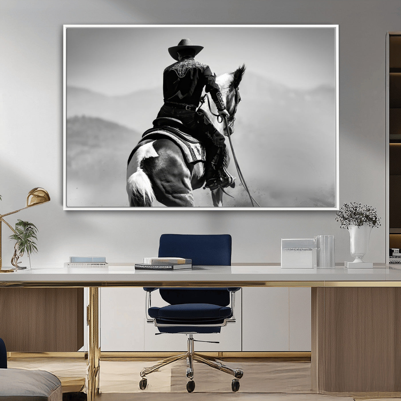 Black and white canvas of a cowboy on horseback with moody tones, perfect for rustic western or country-inspired home decor.