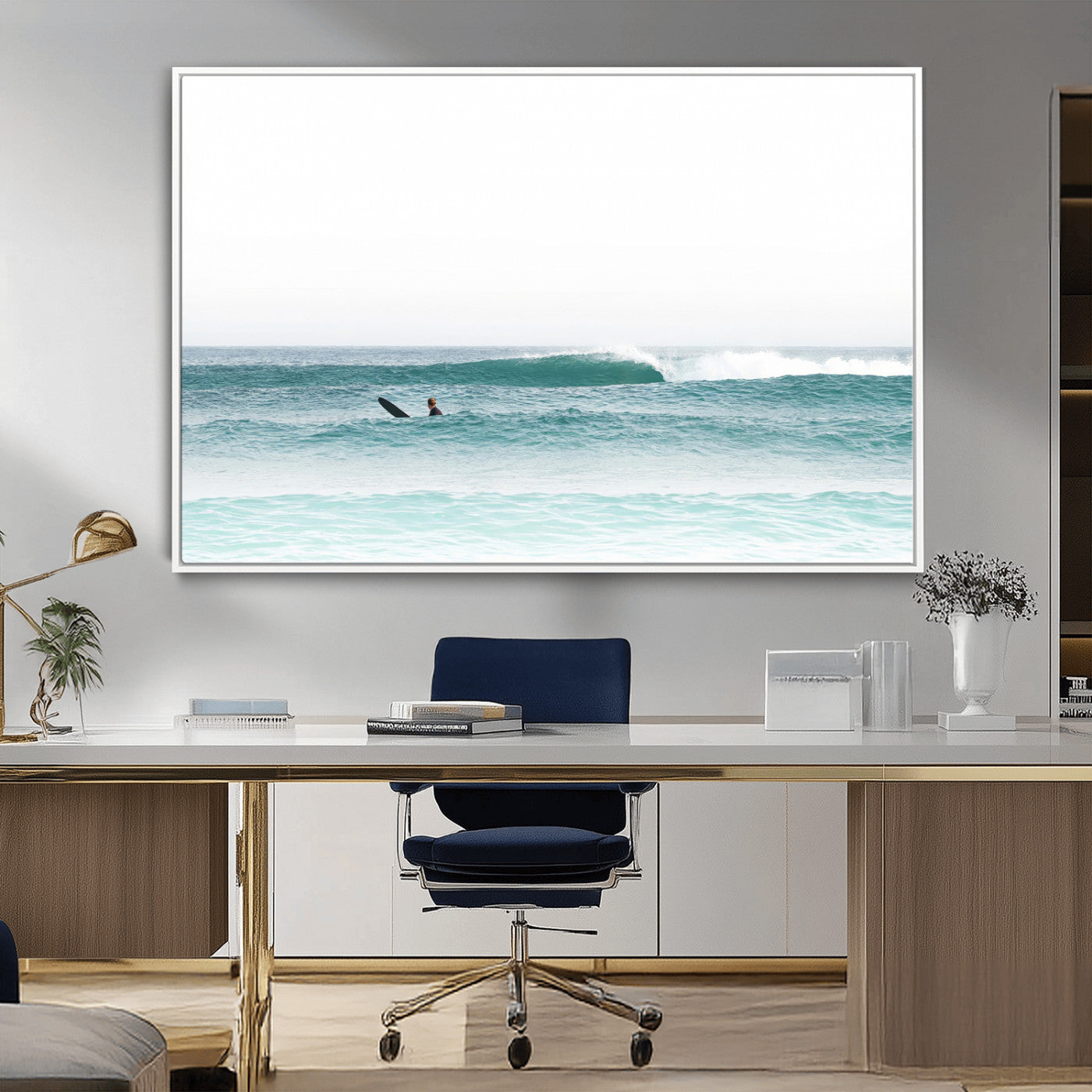 Minimalist photo of a lone surfer on calm aqua waves under bright sky, perfect for Scandinavian coastal or serene ocean-inspired home decor.