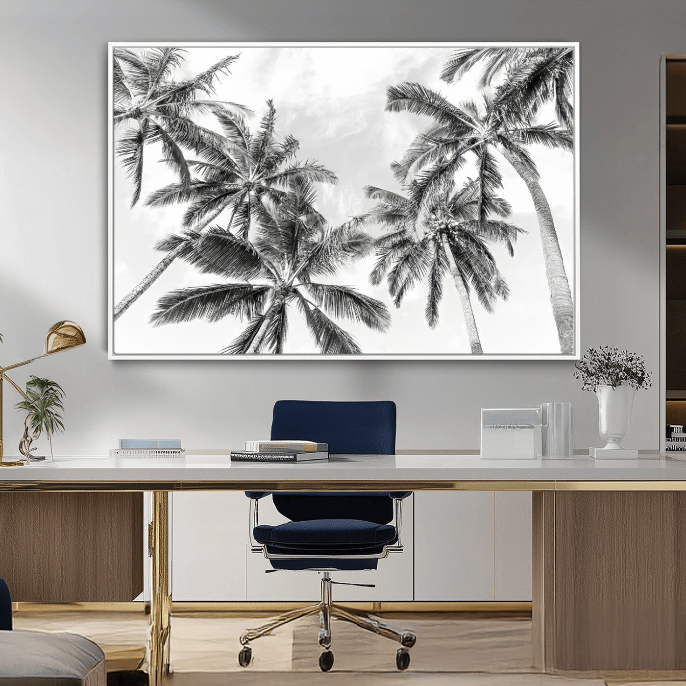 Black and white tropical palm trees viewed from below, swaying gently against a bright sky, creating a serene and elegant coastal atmosphere.