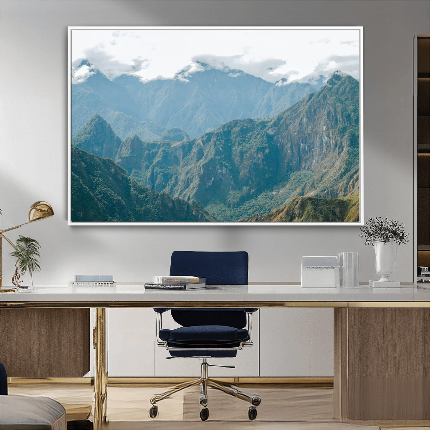 A misty mountain landscape with cloud-covered Andean peaks and lush green valleys, creating a dramatic and serene view, perfect for rustic or nature-inspired home decor.