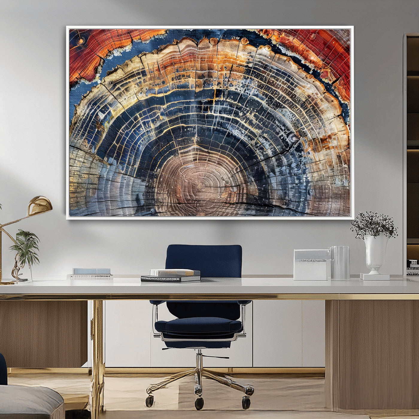 Vibrant tree ring with orange, brown, and blue tones in abstract detail, perfect for rustic or boho-inspired wall decor.