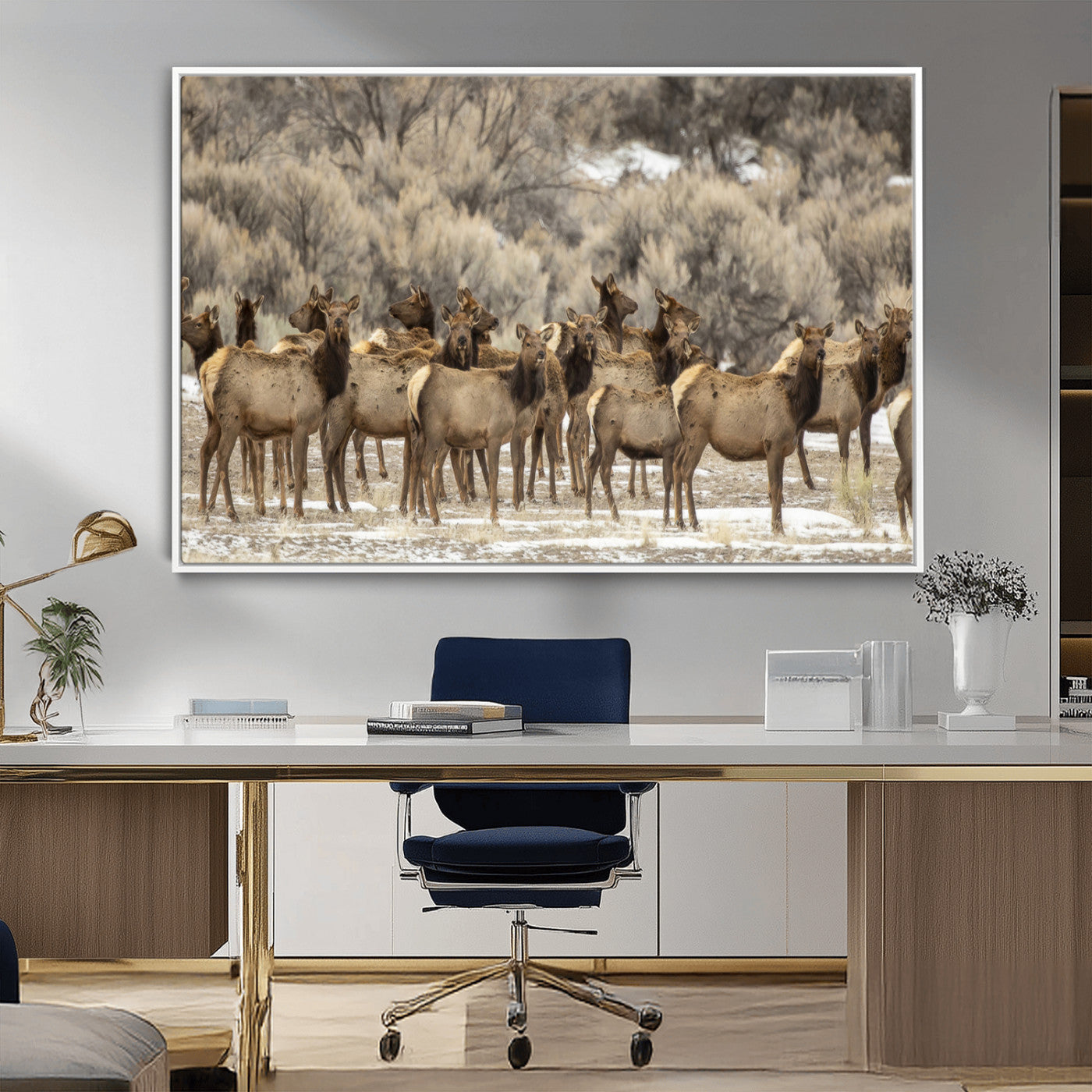 A large herd of elk standing in an open field with soft earthy tones, ideal for rustic lodge or western-themed home wall decor.