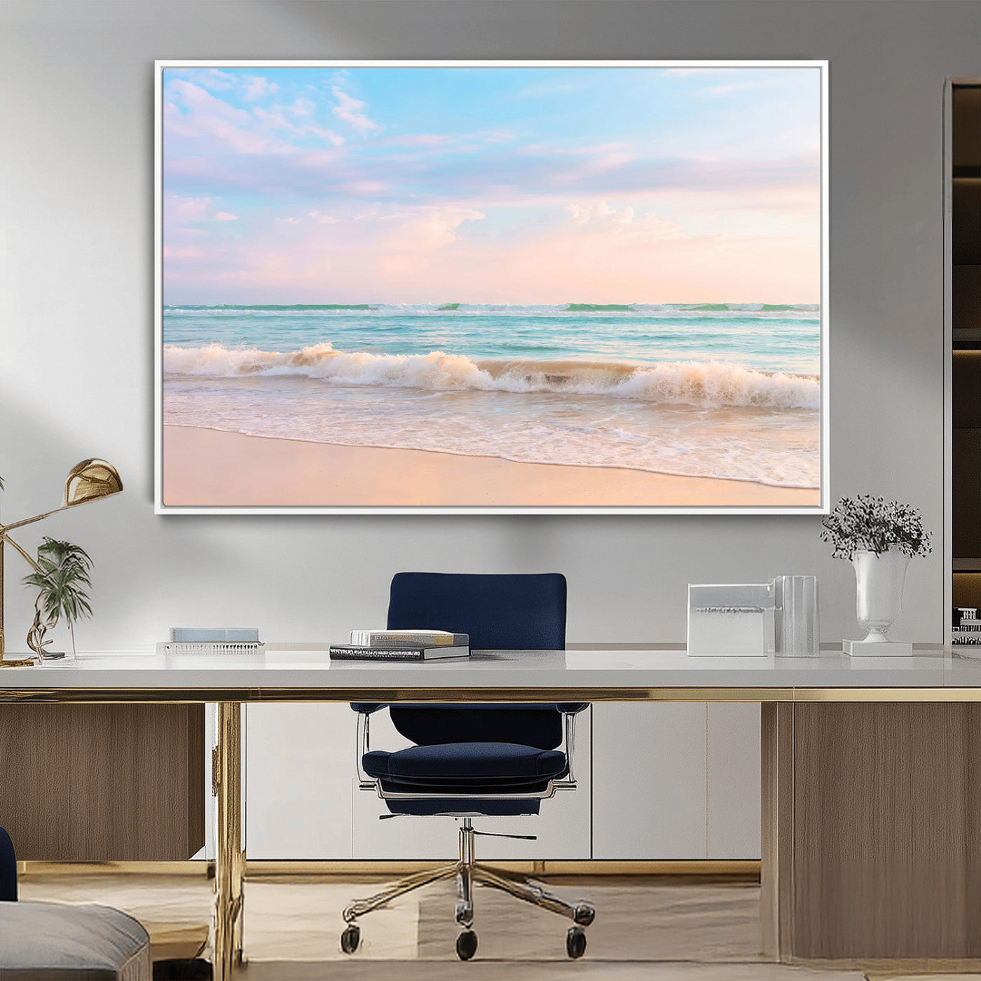 A peaceful beach scene with soft pastel skies, gentle waves washing up on the sandy shore, creating a calm and serene ocean view.