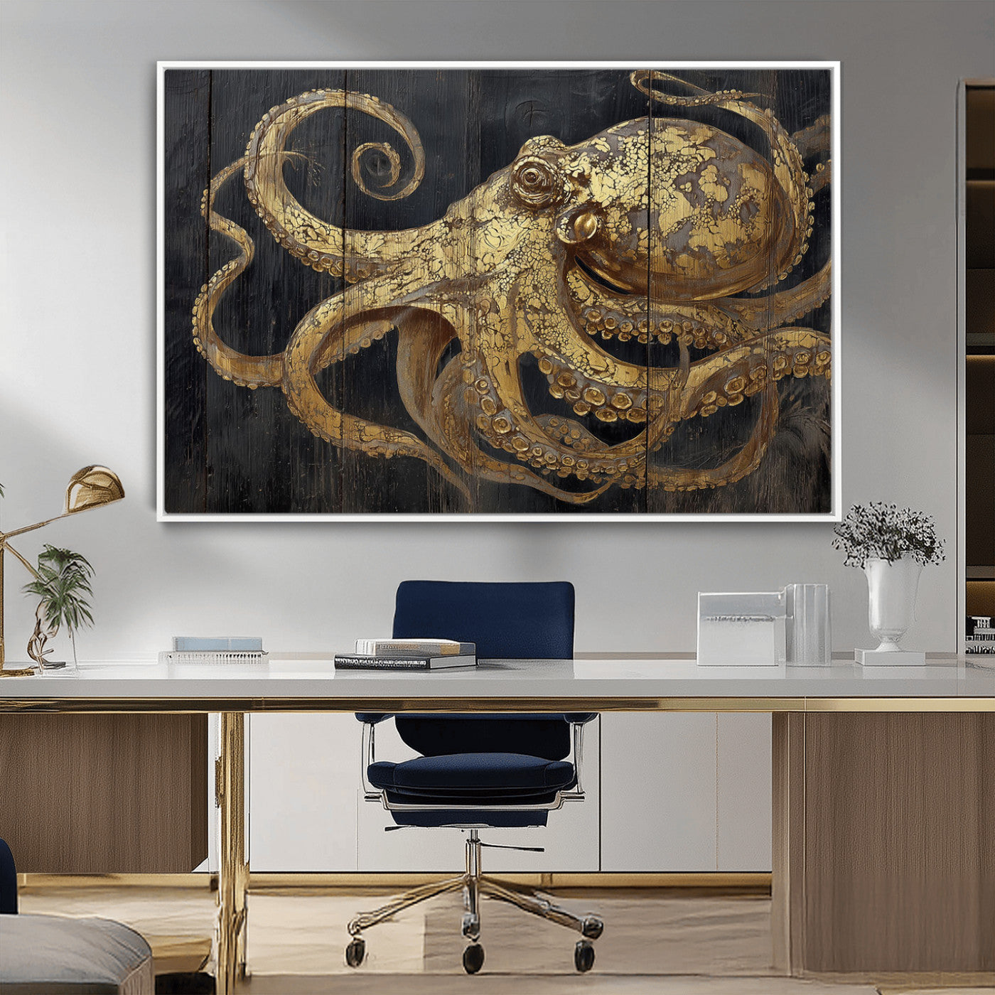A detailed gold illustration of an octopus on black wooden planks, showing its intricate tentacles and textured skin in an artistic style.