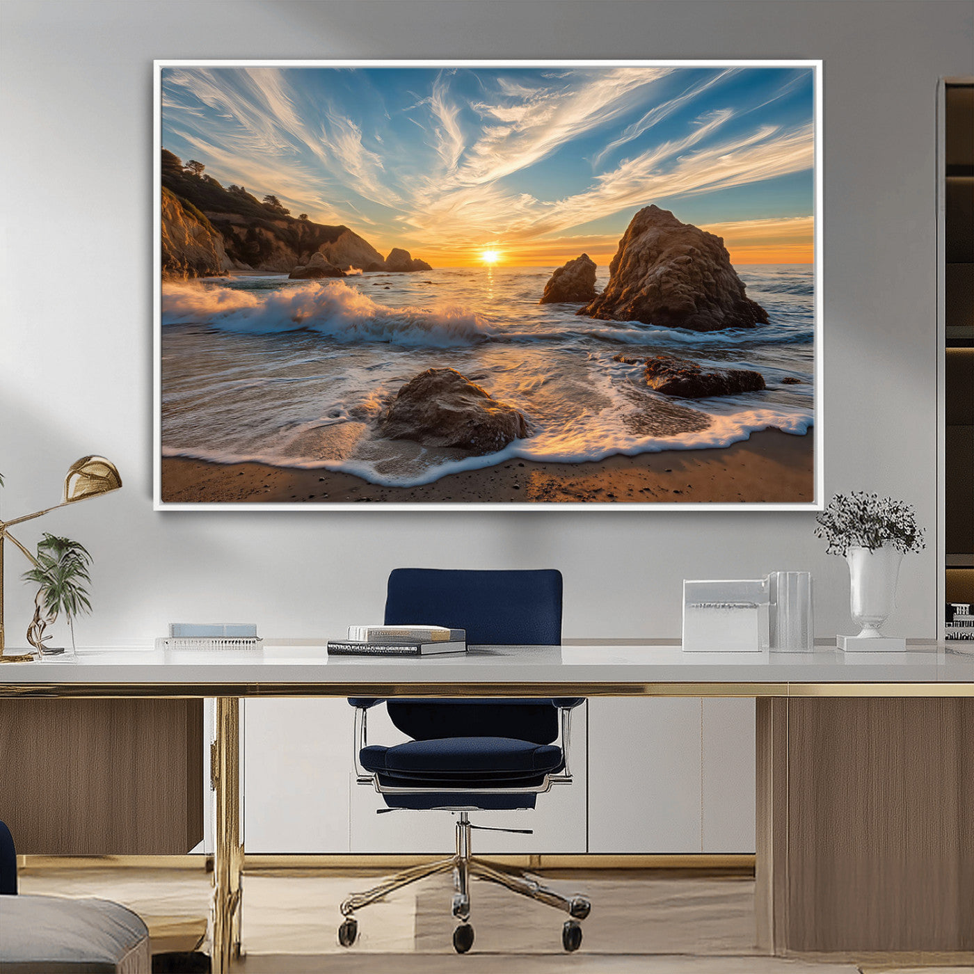 Rocky Ocean Sunset Wall Art Print, Seaside Canvas Wall Art, Dramatic Seascape Canvas Print for Coastal Modern Decor, Ocean Sunset Art Printing